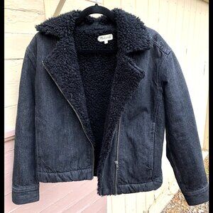 Madewell Black Jean Bomber Jacket with Sherpa Fur